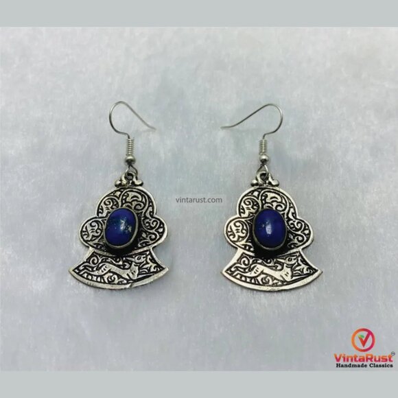Turkman Style Lapis Lazuli Earrings: Unique Gemstone Light Weight Dangle Earring - Picture 3 of 5